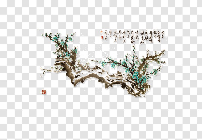 Green Ink Wash Painting Blue Plum Blossom - Tree - Flower Transparent PNG