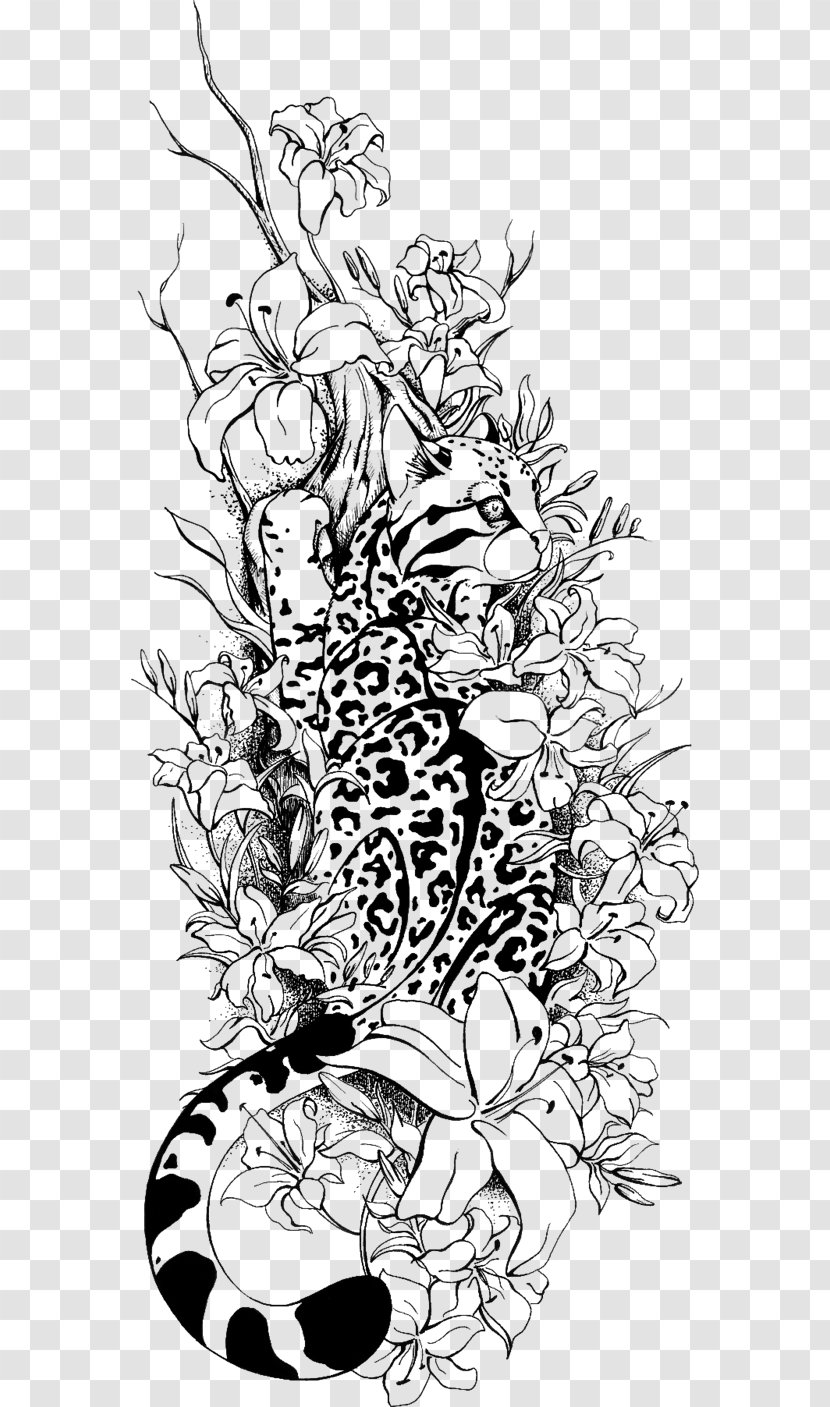 Ocelot Tattoo Drawing Line Art Coloring Book - Heart - Dreamcathcer Transparent PNG