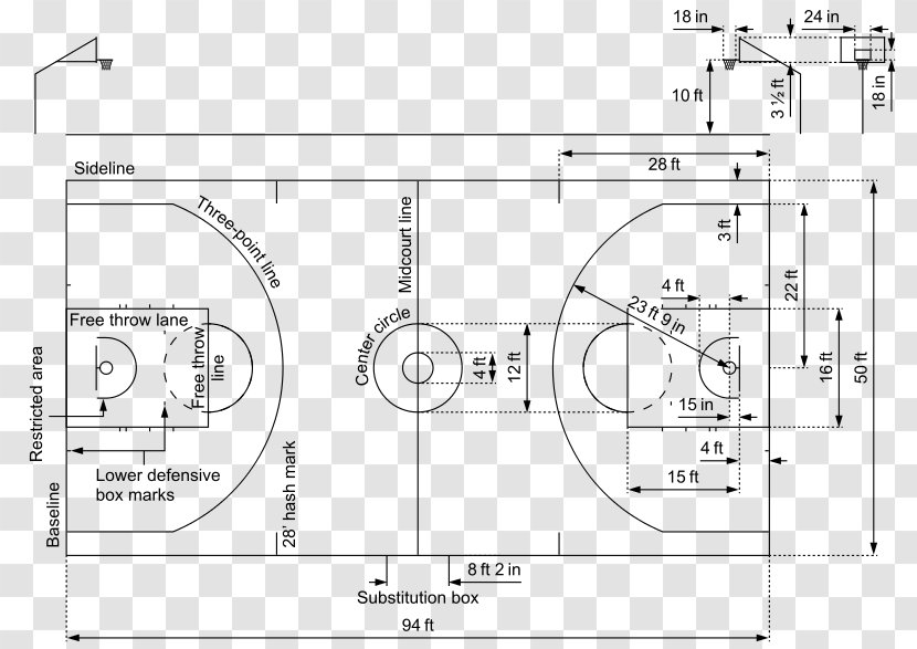 Technical Drawing Diagram Plan Basketball Court - Black And White - Design Transparent PNG