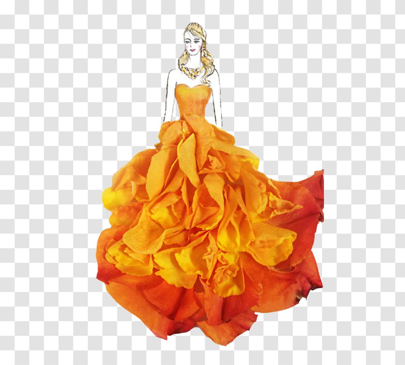 Fashion Flower Drawing Illustration - Art - Orange Petal Dress Design Transparent PNG