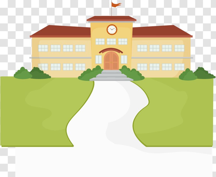 Student School Cartoon Building - Education - Hand-painted Trail Lawn Pattern Transparent PNG