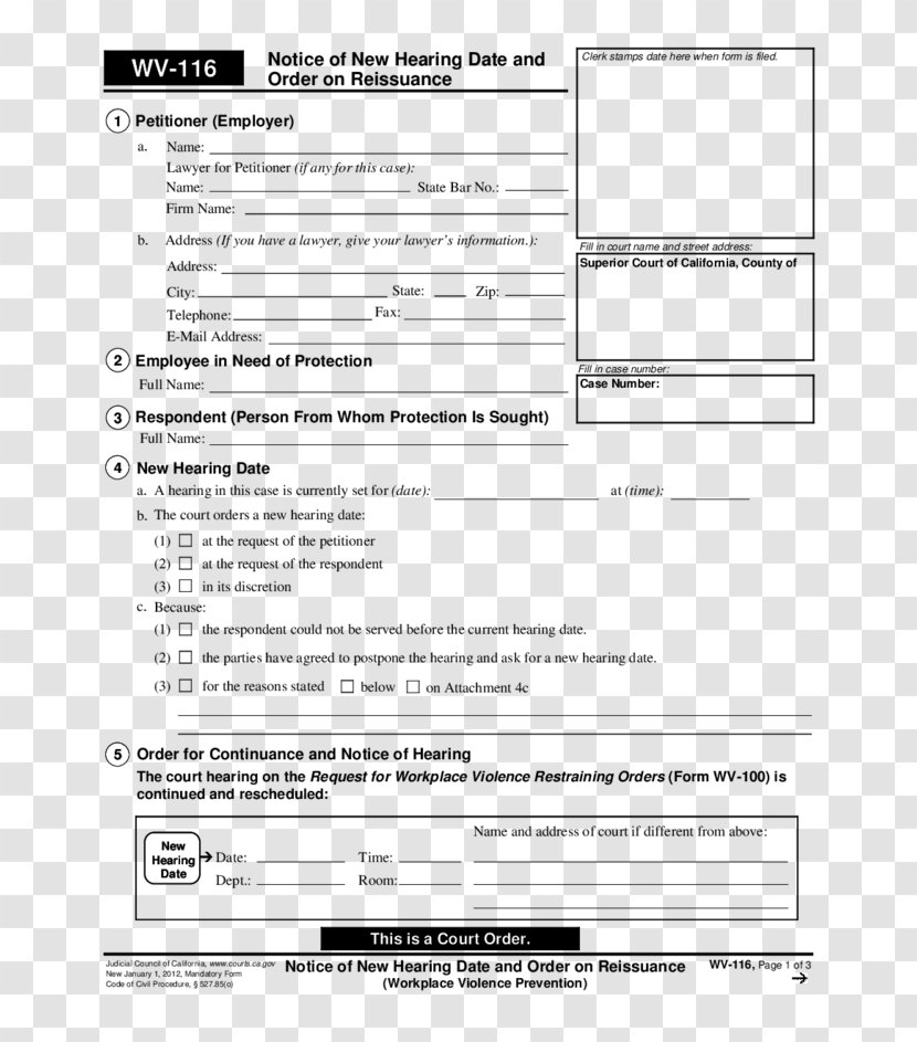 California Civil Harassment Restraining Order Form Template - Material - FOrm Transparent PNG