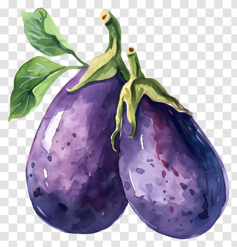 Eggplant - Watercolor Illustration Of Eggplants With Leaves Transparent PNG