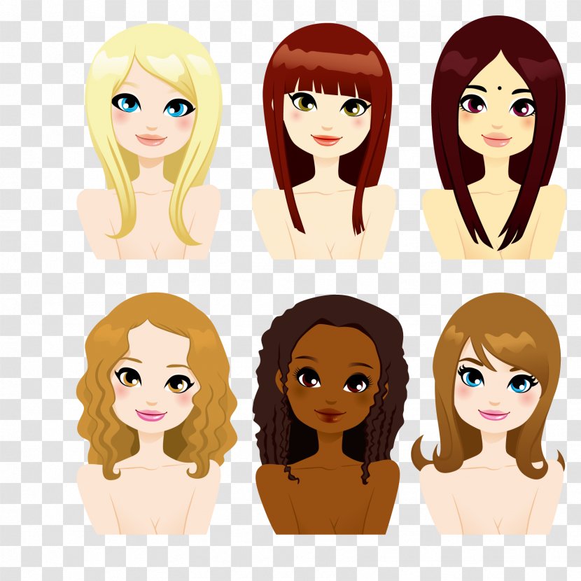 Brown Hair Cartoon Long - Watercolor - Six Beauty Transparent PNG