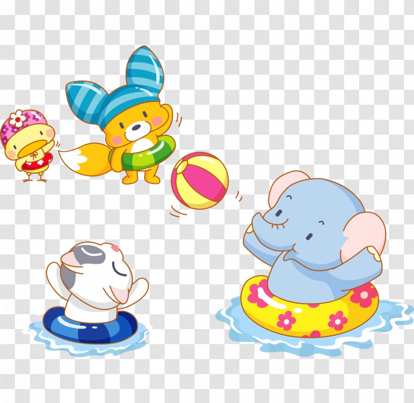 Elephant Cartoon Cuteness - Artwork - Hand-painted Vector Cute Baby Playing With A Ball Swimming Transparent PNG