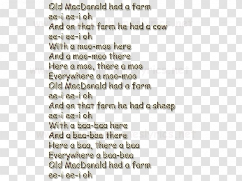 Old MacDonald Had A Farm Nursery Rhyme Lyrics Song - Document - Child Transparent PNG