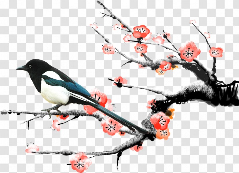 Eurasian Magpie Bird Plum Blossom Papercutting - Standing Transparent PNG