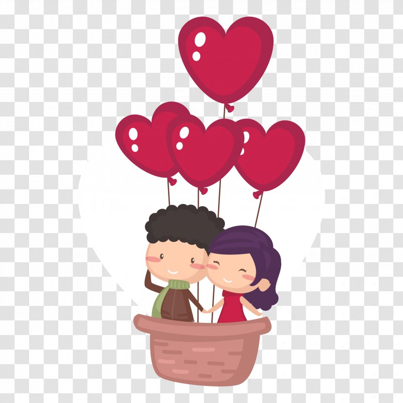 Valentine's Day Cartoon Heart - Frame - Cute Couple Ride Love Hot Air Balloon Vector Illustration Transparent PNG