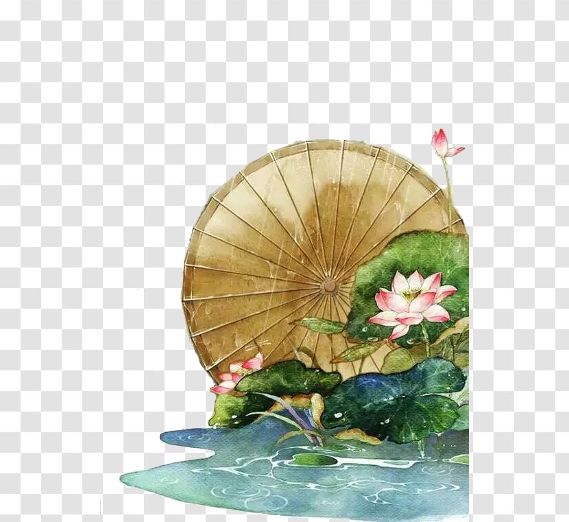 Watercolor Painting Ink Wash Fukei Illustration - Chinese - Antiquity Lotus Umbrella Transparent PNG