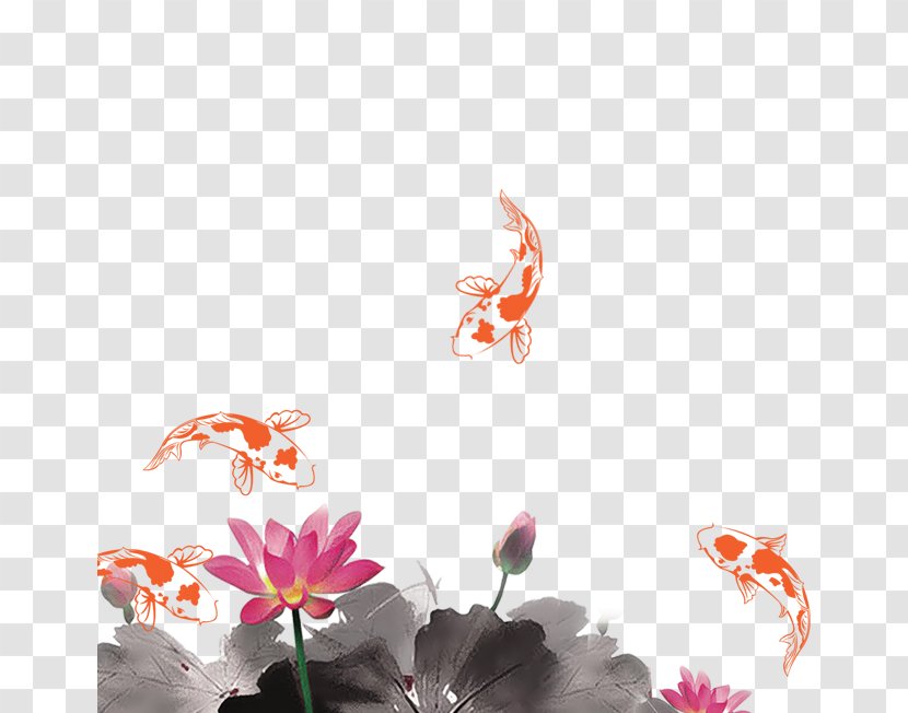 Mid-Autumn Festival Ink Wash Painting Poster - Plant - Lotus Goldfish Transparent PNG