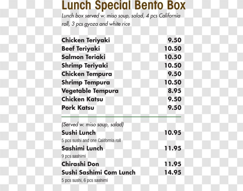Hana Japanese Steakhouse And Sushi Lounge Lunch Cuisine Menu Document - Text - Cafeteria Transparent PNG