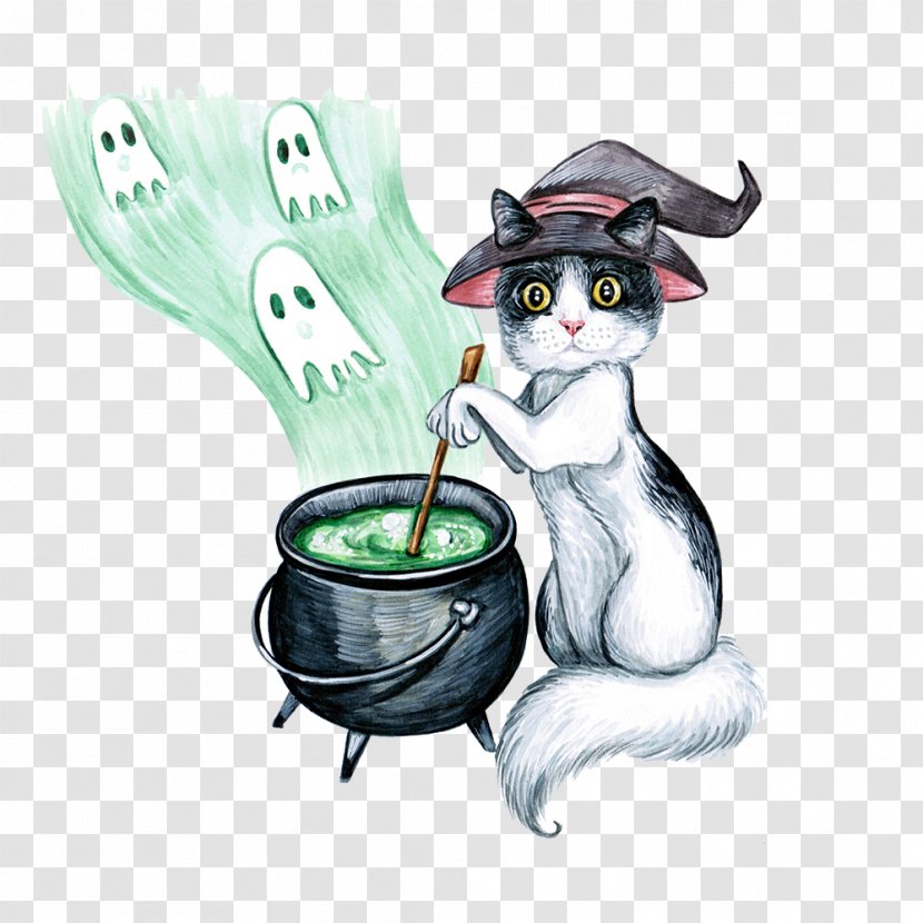 Cat Watercolor Painting Whiskers - Cartoon - Hand Painted Cute Witch Transparent PNG