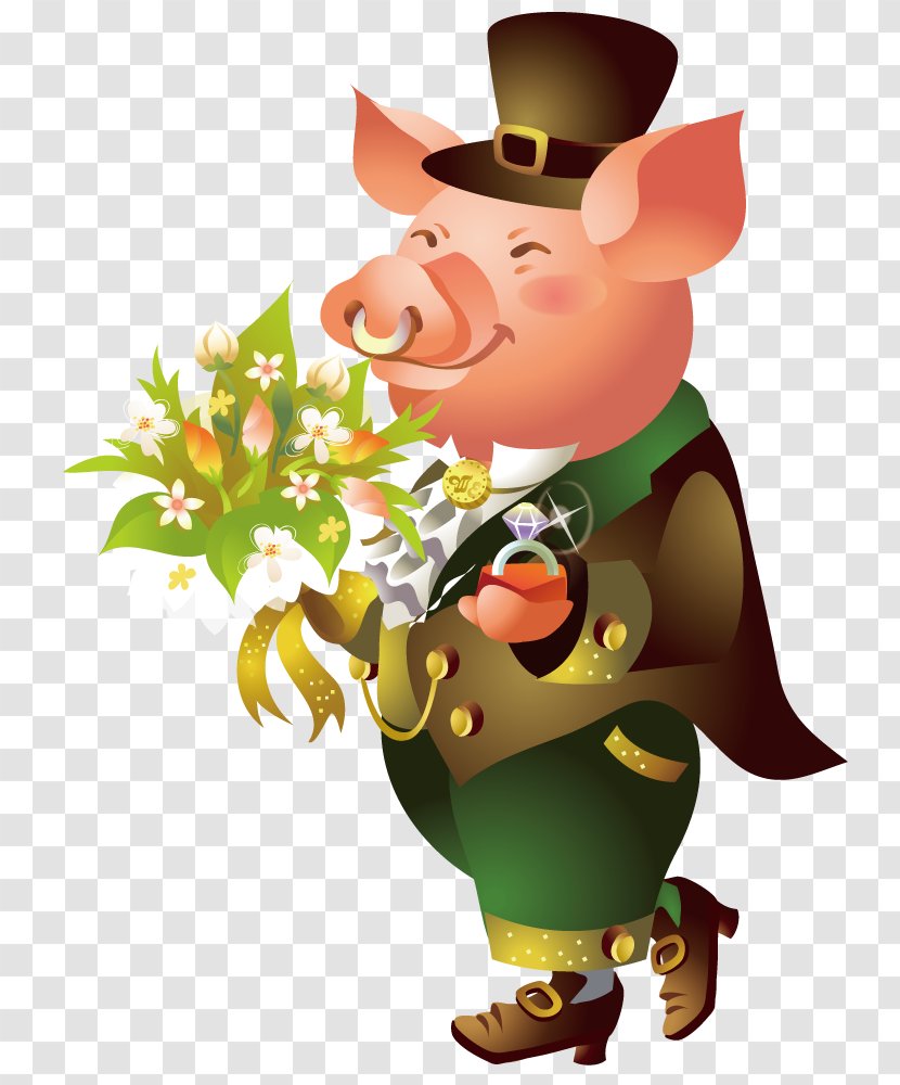 Domestic Pig Cartoon Illustration - Drawing - Flower Gentleman Holding Transparent PNG