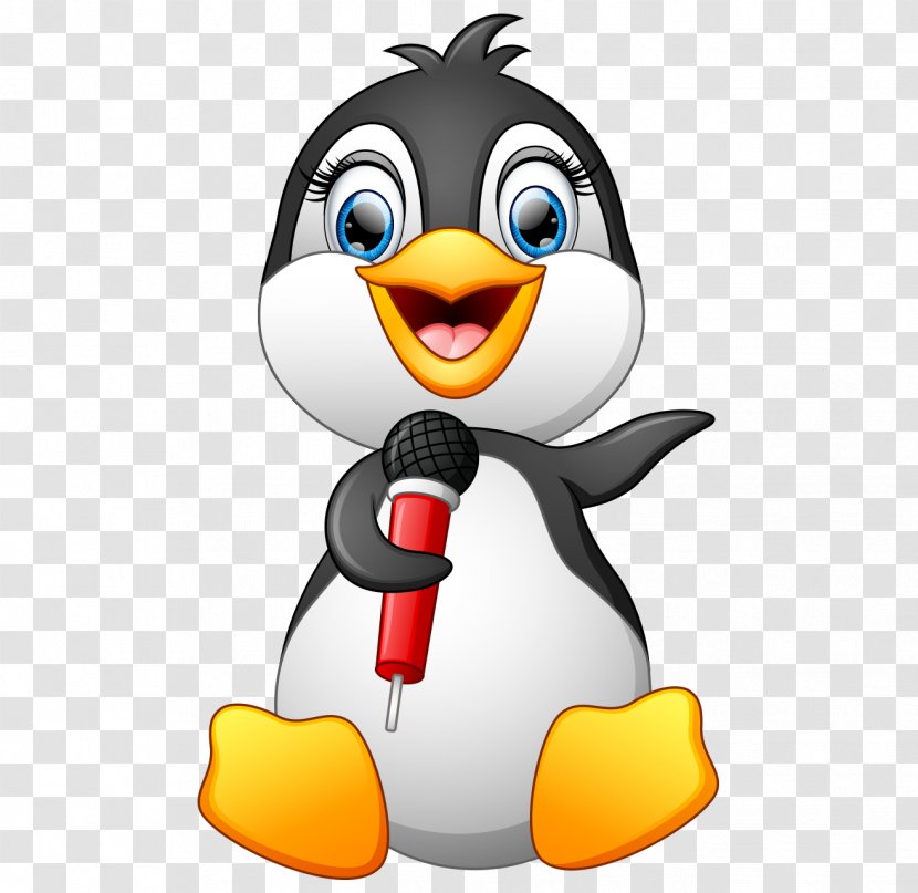 Penguin Bird Cartoon Clip Art - Vector Hand Painted Cute Singing Microphone Transparent PNG