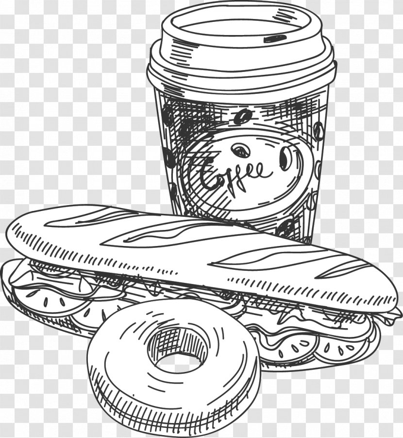 Hot Dog Coffee Doughnut Fast Food Cafe - Hand-painted Snack Donut Line Art Transparent PNG