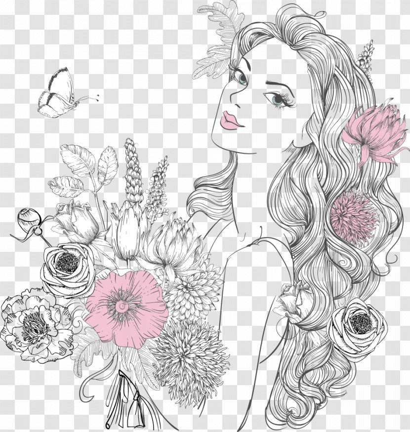 Woman Drawing Flower Portrait - Watercolor - Beautiful Women Holding Flowers Vector Transparent PNG