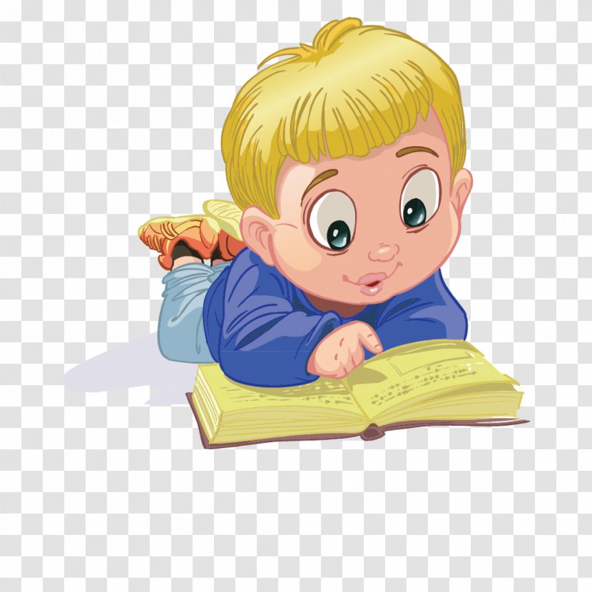 Child Cartoon - Watercolor - Vector Yellow Hair Blue Tummy Reading Boy Transparent PNG