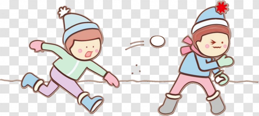 Cartoon Pink Child Line Playing In The Snow - Watercolor - Play Transparent PNG