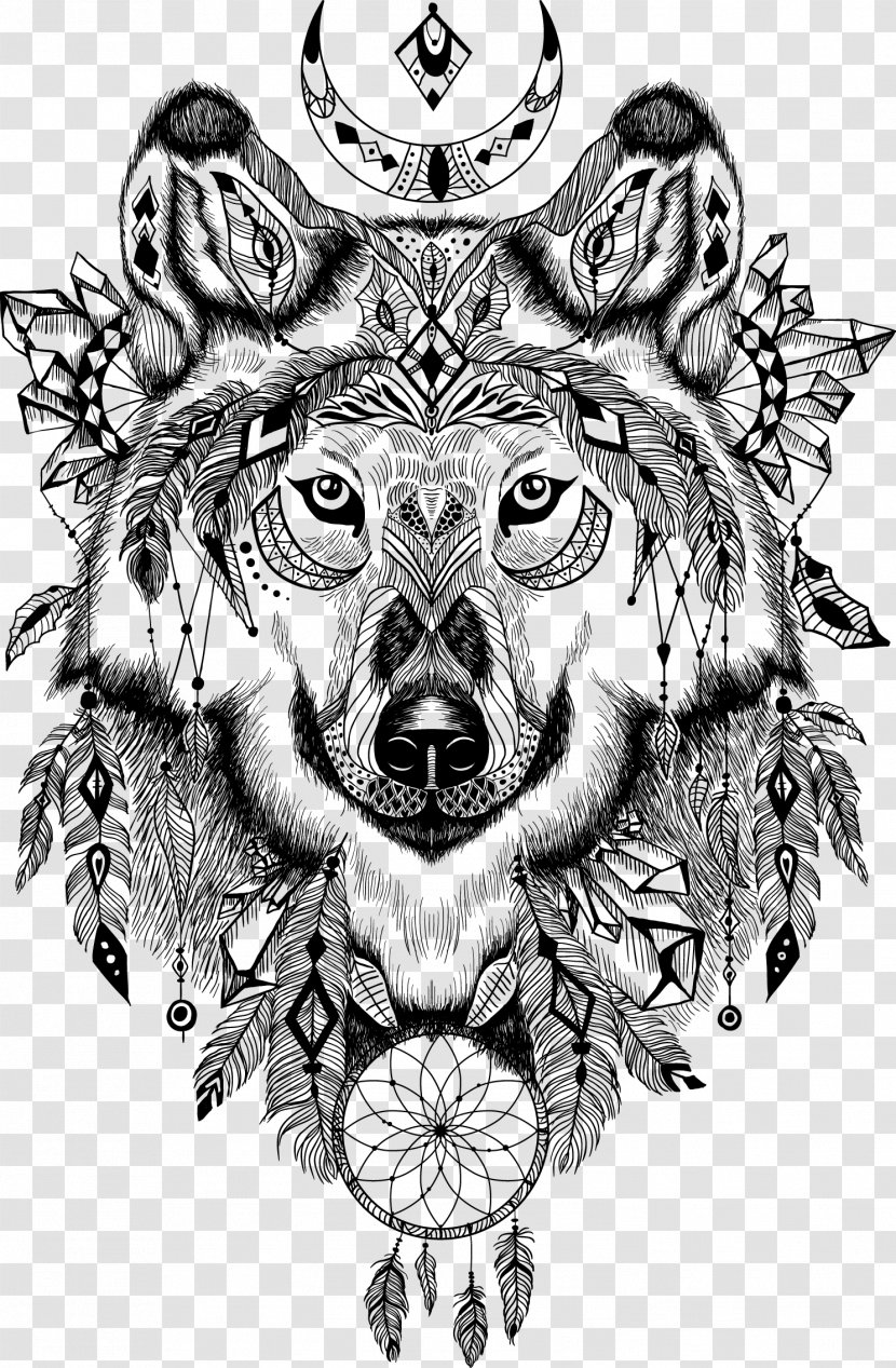 Gray Wolf Wall Decal Aztec Illustration - Cat Like Mammal - Vector Black Totem Transparent PNG