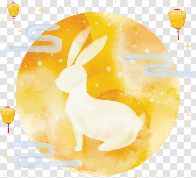 Mid-Autumn Festival Moon Rabbit Poster Illustration - Yellow - Watercolor Hand-painted And Transparent PNG