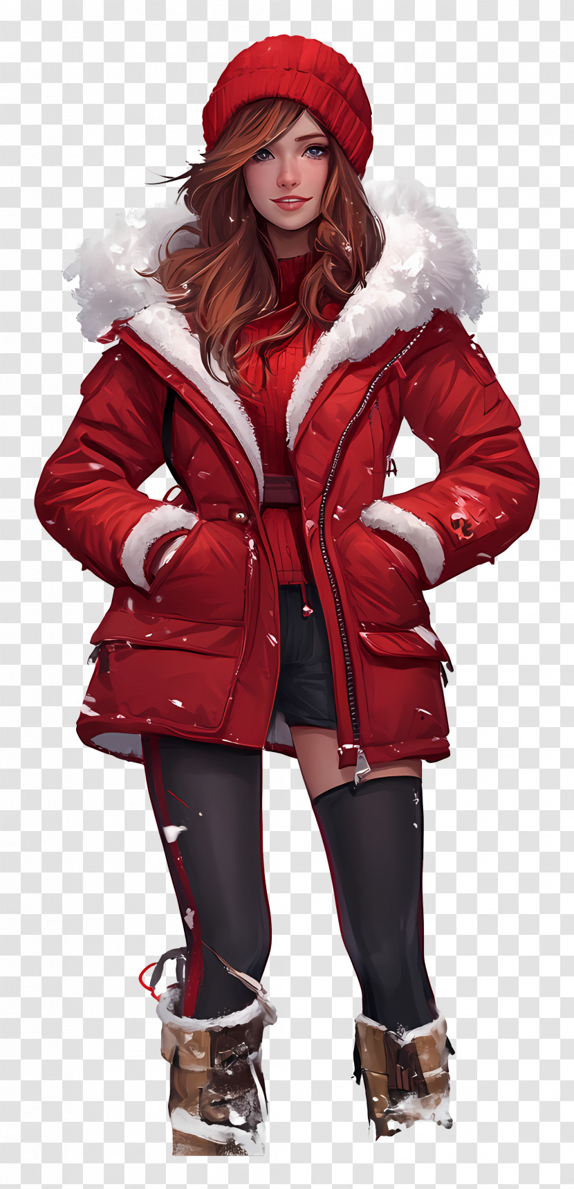 Winter Girl - Red Winter Jacket With Fur Trim Transparent PNG