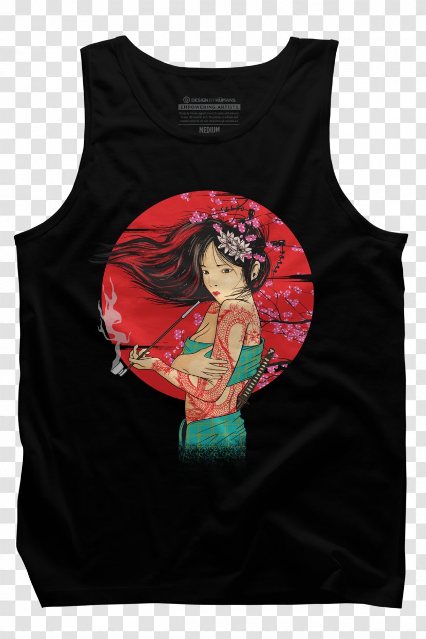T-shirt Clothing Crew Neck Sleeveless Shirt Design By Humans - Cartoon - Geisha Transparent PNG