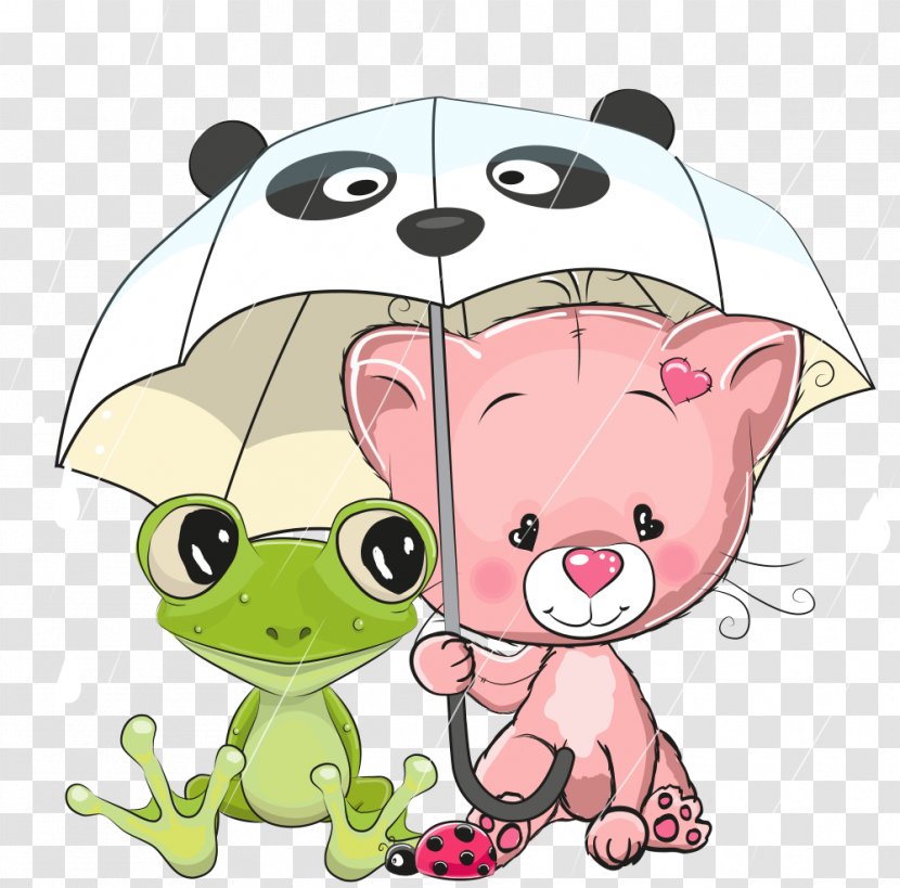 Stock Illustration - Tree - Vector Kitten And Frog Under Umbrella Transparent PNG