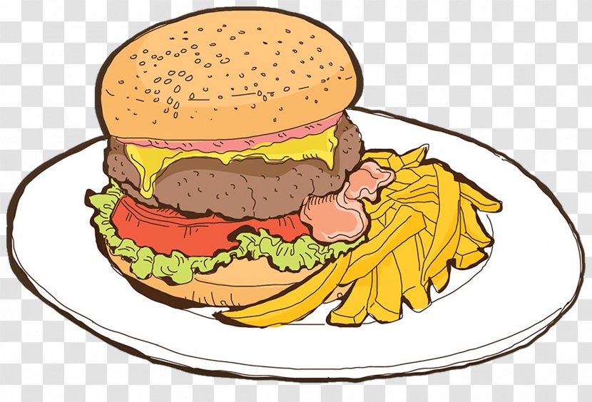 Cheeseburger Hamburger Fast Food French Fries Cafe - Dish - Cartoon Hand Painted Burger Transparent PNG