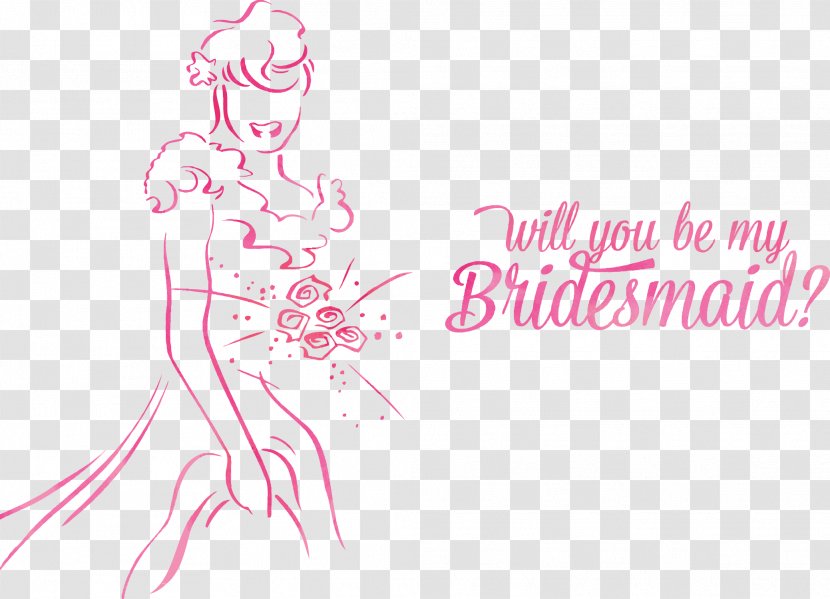 Bridesmaid Wedding Dress Illustration - Heart - Pink Line Drawing Bride Transparent PNG