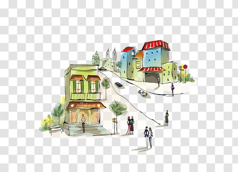 Building Architecture Illustration - Hand-painted City Building,illustration,Hand Painted,City Streets Transparent PNG