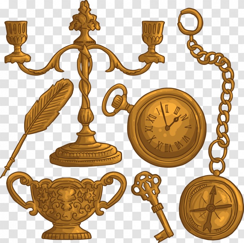 Gold Object Clock - Vector Pocket Watch And Candle Holders Transparent PNG