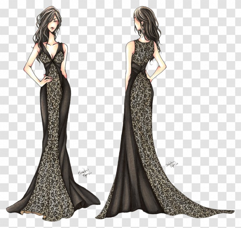 Fashion Drawing Clothing Dress Sketch - Watercolor - Black Design Draft Transparent PNG
