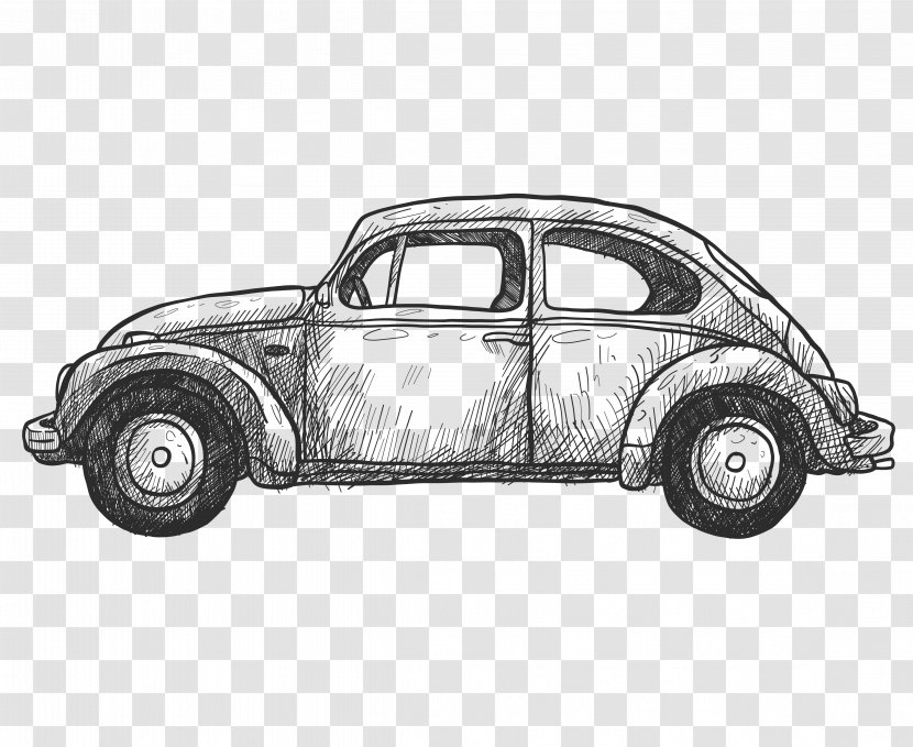 Retro Beetle Car Wireframe Picture - Black And White - Mid Size Transparent PNG