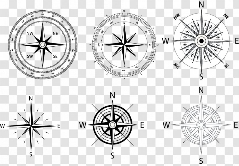 Compass Rose Clip Art - Black And White - Vector Transparent PNG
