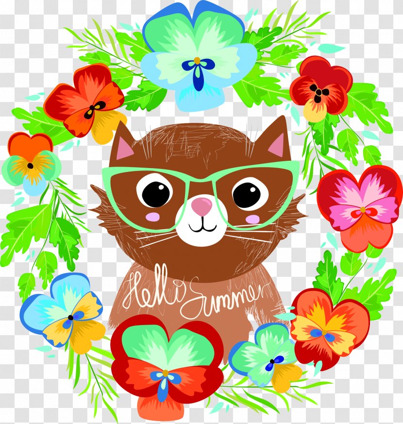 Cat Kitten Floral Design Illustration - Flower Bouquet - Kitty Fox Vector Transparent PNG
