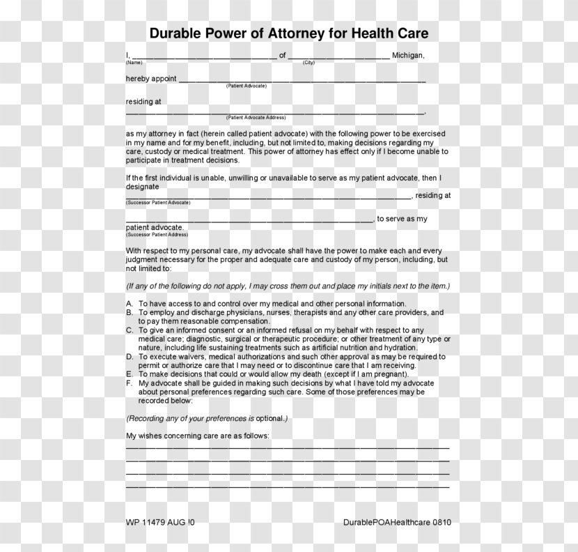 Power Of Attorney Health Care Form Healthcare Proxy Advance Directive - Revocation - United States Transparent PNG