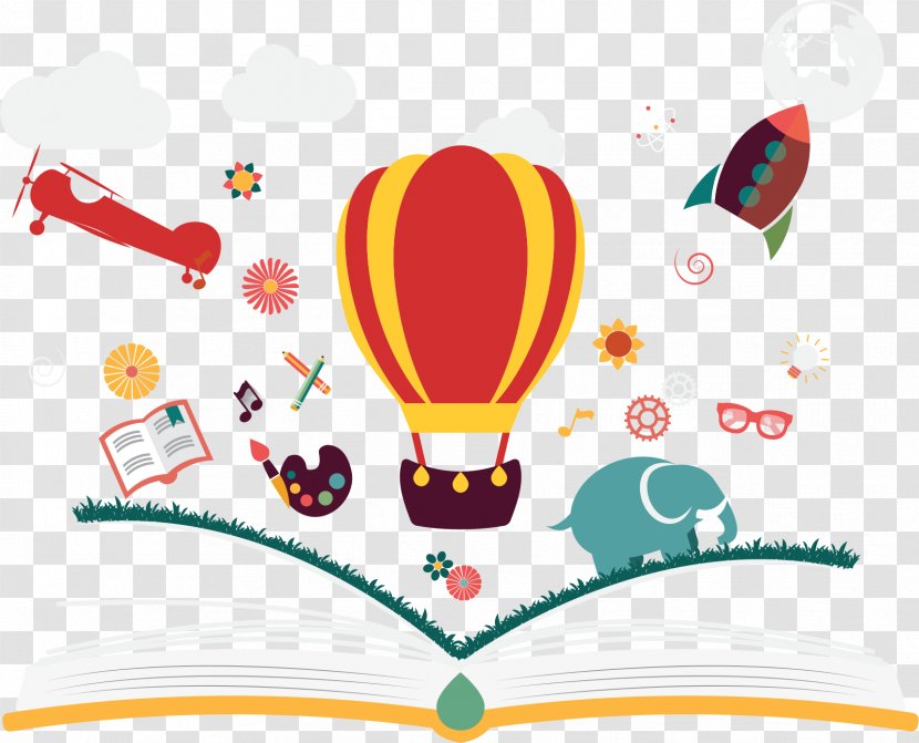 Imagination Children's Literature Book - Writing - Hot Air Balloon Vector On The Books Transparent PNG