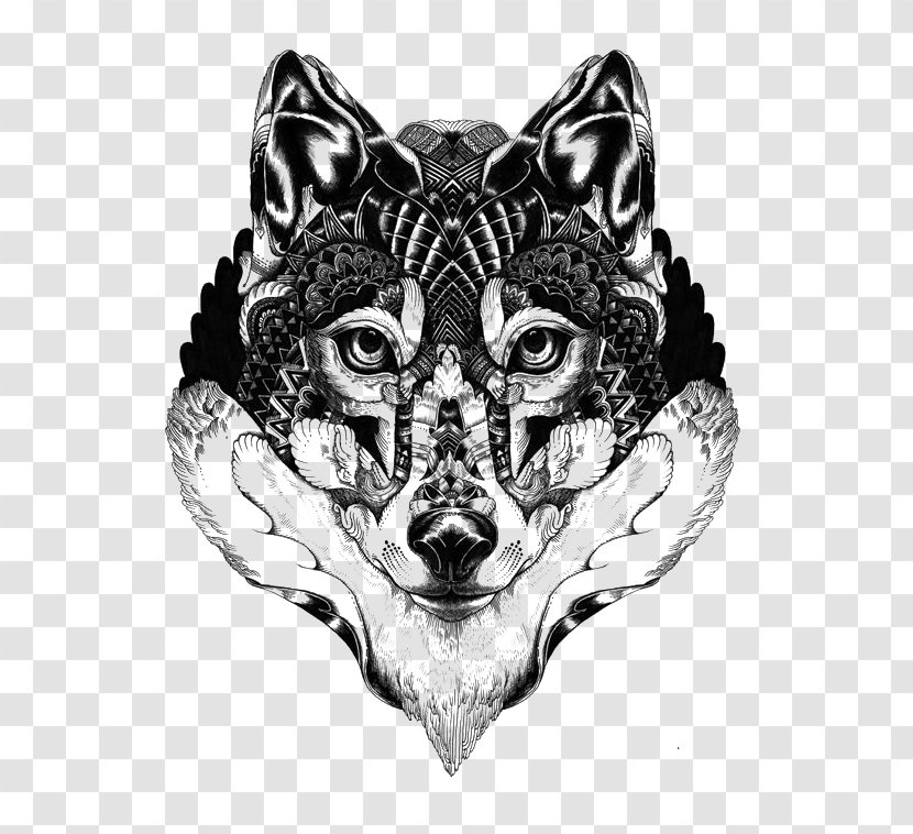 Gray Wolf Mandala Tattoo Drawing Idea - Ink - Alaskan Husky Black And White Line Art Transparent PNG