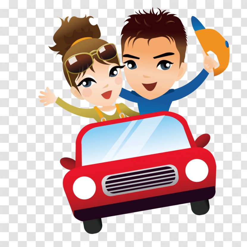 Cartoon - Drawing - Open Red Car Couple Transparent PNG