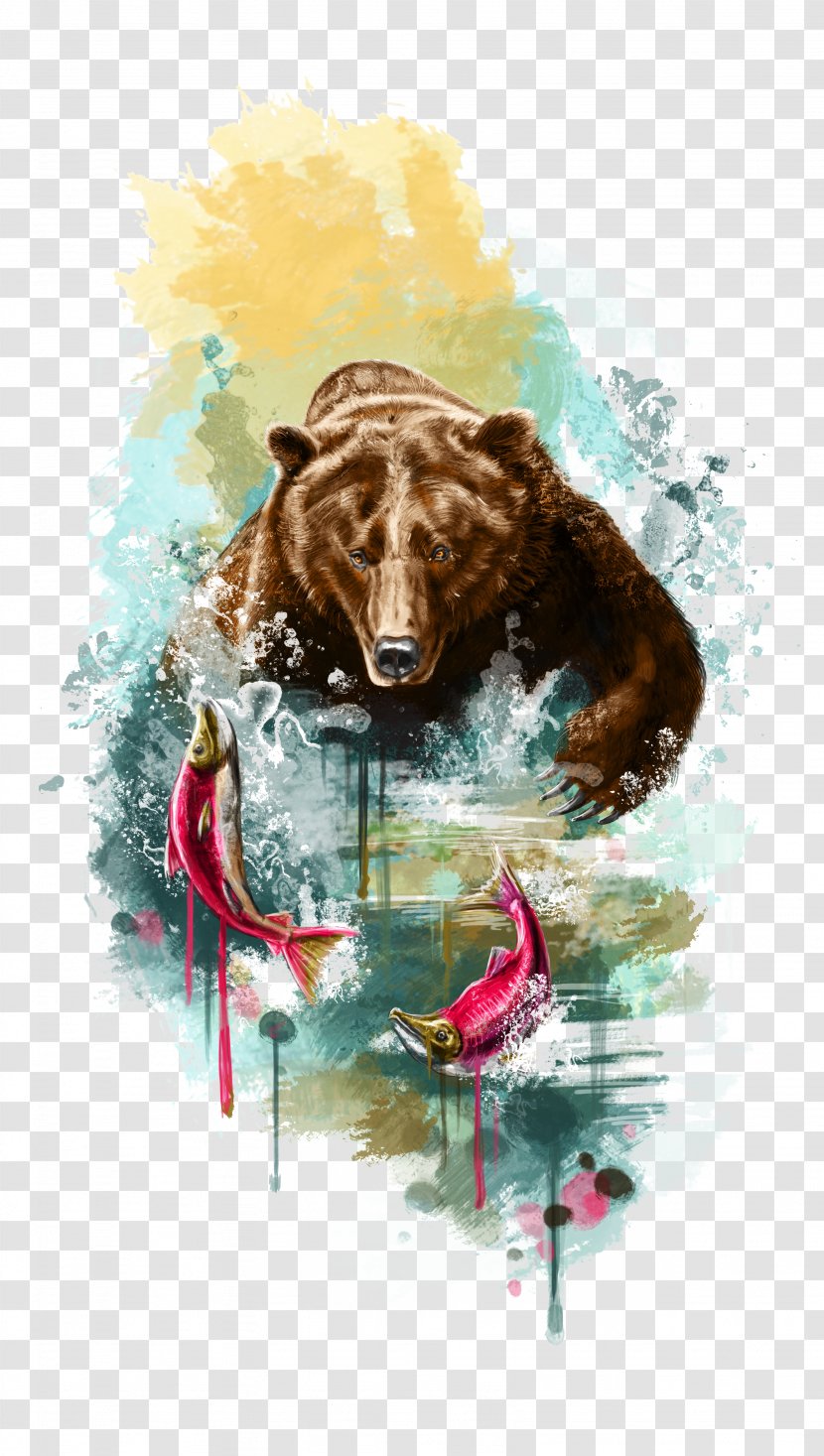 Hand Painted Watercolor Bear Caught Fish - Poster Transparent PNG