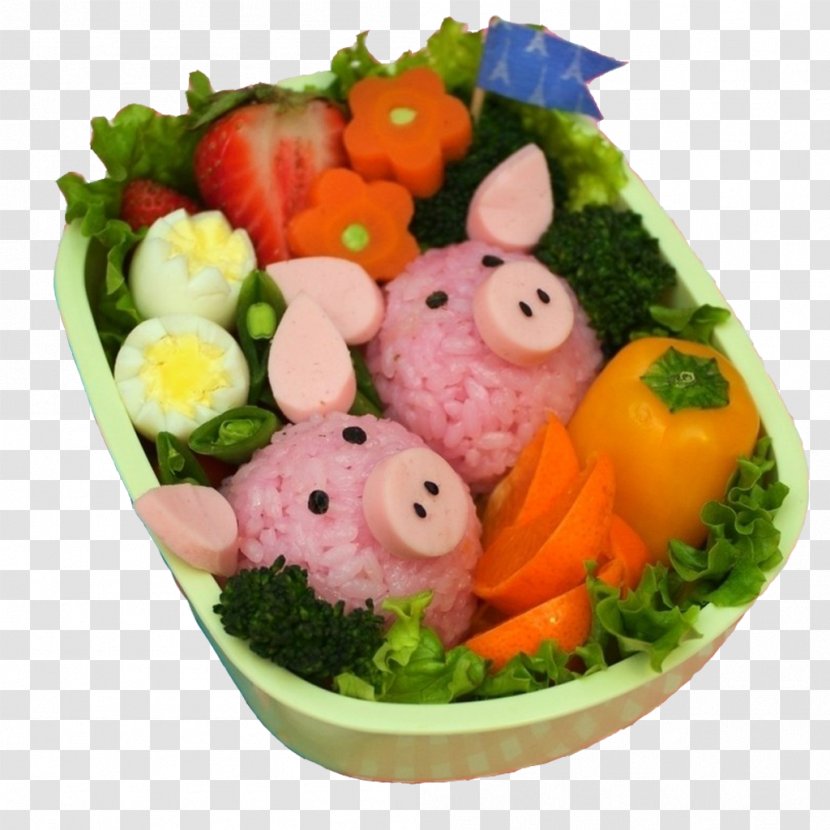 Sushi Bento Japanese Cuisine Onigiri Lunch - Packed - Pink Pig Eggs Fruit Dishes Transparent PNG