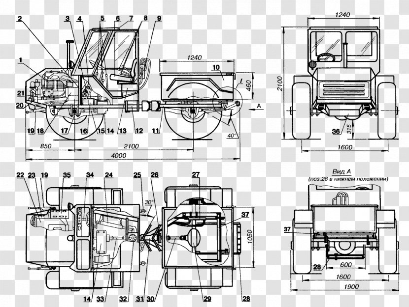 Technical Drawing GAZ-53 Tractor Malotraktor - Black And White Transparent PNG