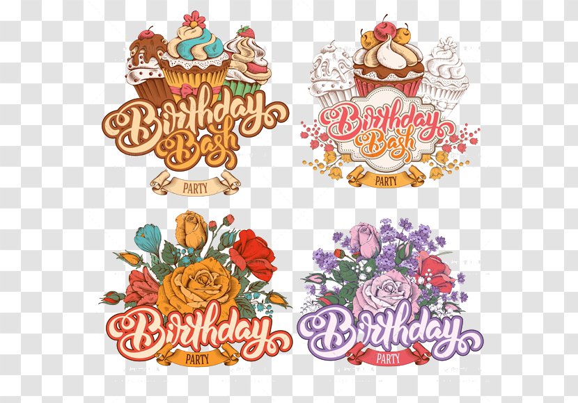 Cupcake Birthday Cake Illustration - Watercolor Flowers Transparent PNG