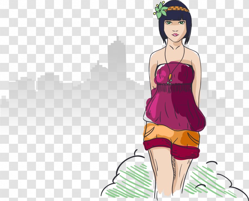 Fashion Illustration - Silhouette - Girls With Short Hair Wearing A Skirt Transparent PNG