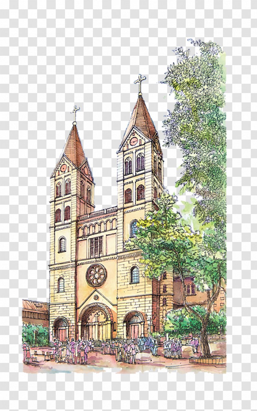 Europe Watercolor Painting Architecture - Chapel - Qingdao Catholic Church Hand-painted Material Transparent PNG