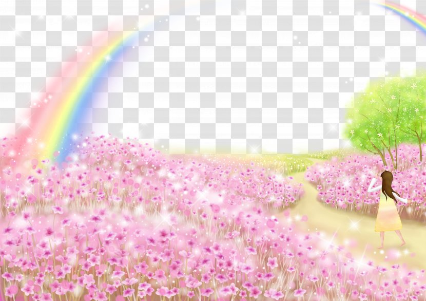 Cartoon Fairy Tale Illustration - Mural - Rainbow Flowers Transparent PNG