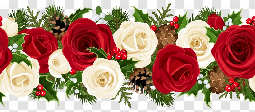 Rose Christmas Flower Garland Clip Art - Red Border Transparent PNG