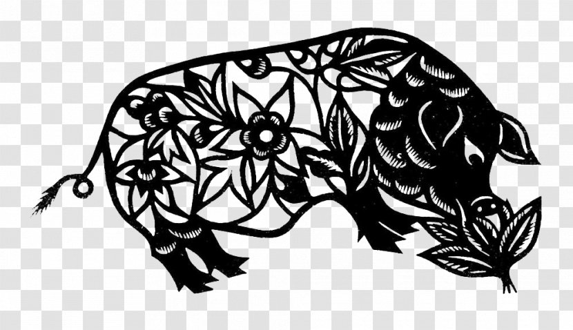 Domestic Pig Papercutting Black And White - Mammal - Paper-cut Cabbage Zhugong Transparent PNG