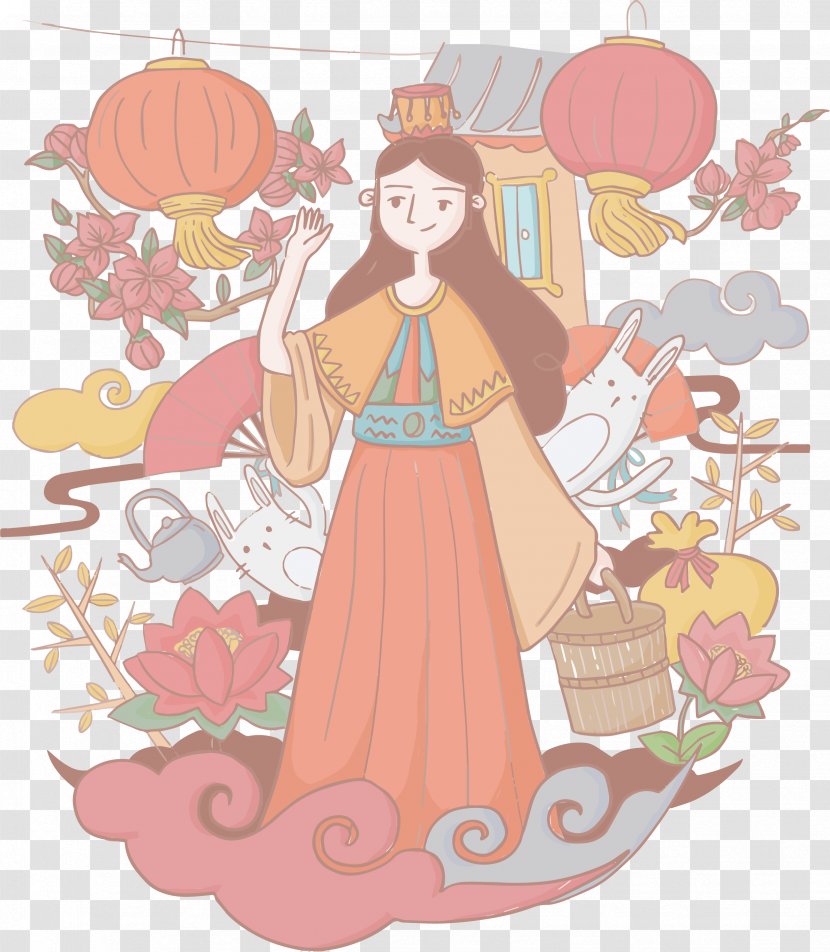 Mooncake Change Mid-Autumn Festival Illustration - Cartoon - Hand-painted Beautiful Goddess Of The Moon Transparent PNG