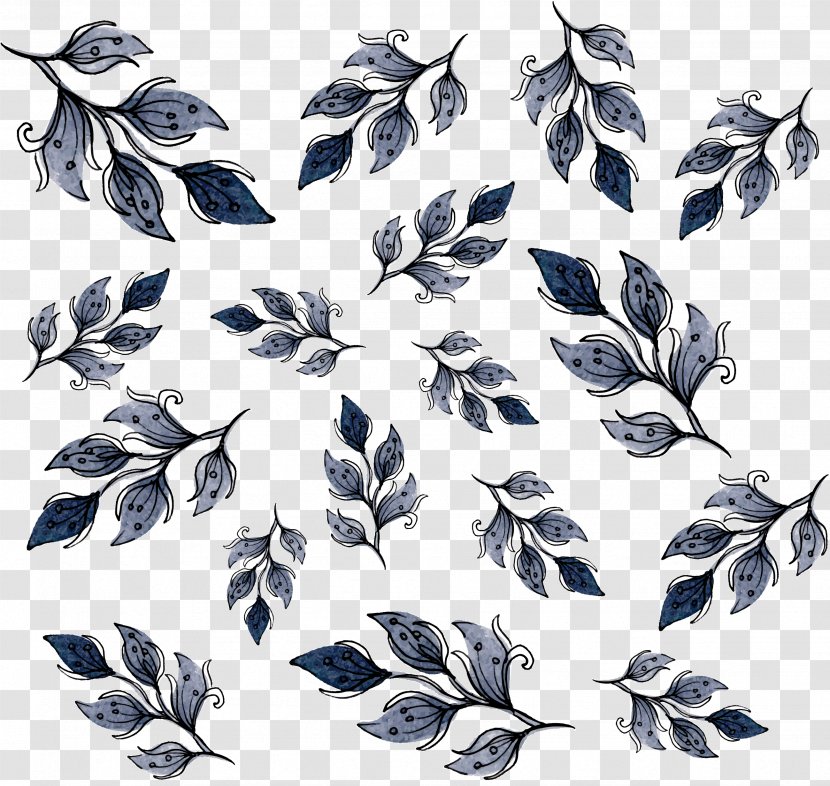 Watercolor Painting Motif - Blue Hand Painted Leaves Pattern Transparent PNG